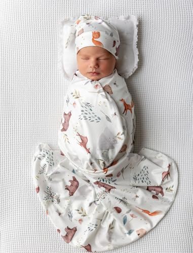 Image of Newborn Swaddle Set, Grey and White Fox, Beanie and Headband