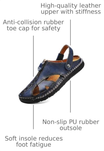 Image of JAMONWU Men's Casual Closed Toe Adjustable Leather Sandals Handmade Fisherman Beach Sandals