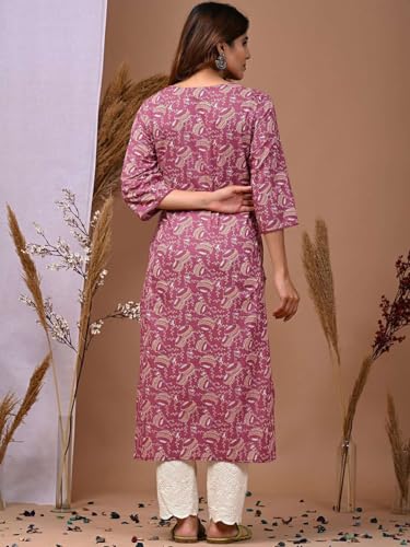 Image of Rimeline Women's Cotton Printed Kurta with Embroidered V-Neck Detail | Straight Fit Ethnic Wear for Casual, Office & Daily Use