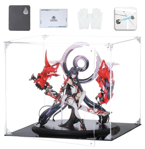 COOLTAKU フィギュアケース UVカット アクリル マグネット式 磁石付き前扉 積み重ね強化 コレクションケース より堅固 組み立て式 アクリルケース ディスプレイケース 防汚れ 手袋 クリーニング クロス付き フィギュア収納 内寸 (幅35×奥行35×高さ30cm, 台座黒)（Amazon）