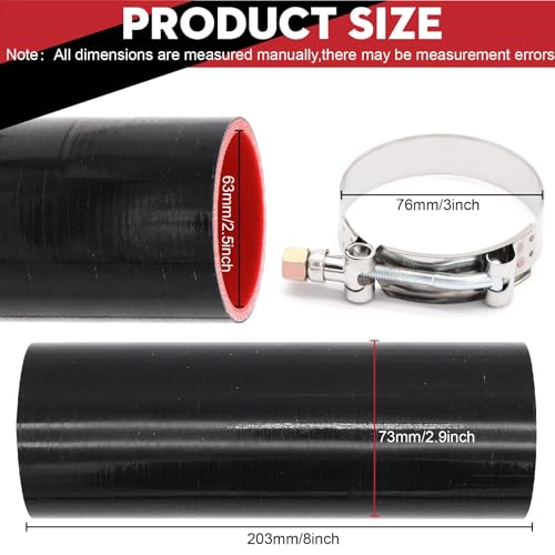 Image of 2 1 /2inch(63mm) Silicone Coupler Straight Hose Rubber 4-Ply 5mm Thickness 8inch Length for Intake Exhaust Pipe Intercooler Coolant Turbo Tube 2.5x8 With 2 PCS Stainless Steel T-clamps