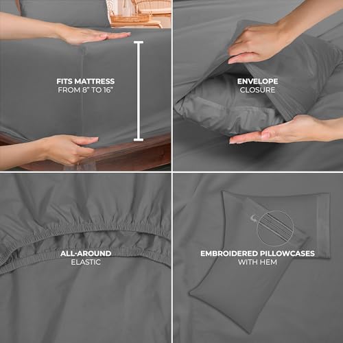 Image of ROYALE LINENS 4 Piece King Sheets Set - Soft Brushed 1800 Microfiber Bedding - 1 Fitted and 1 Flat Sheet, 2 Pillow Cases - Wrinkle Free & Fade Resistant - Hotel Luxury Bed Sheets Set (Grey, King)