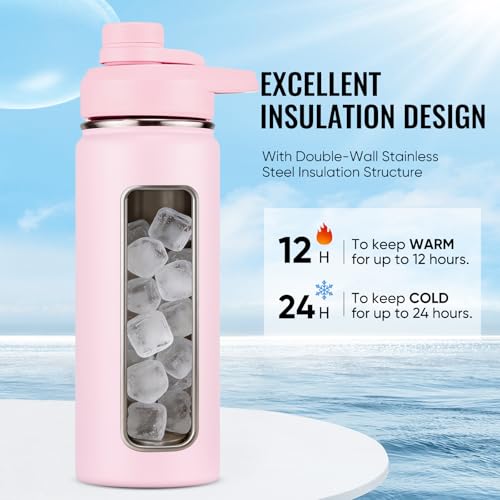 Image of Fijinhom Insulated Water Bottle with Handle, 304 Stainless Steel Water Bottles with Wide Mouth, Double Wall Vacuum Sports Water Bottle, BPA Free, Keep Cold and Hot, 18 Ounces, Pink