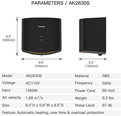 AIKE Hand Dryer 10 Seconds to Dry, High Speed Energy Saving Electric Hand Dryer Automatic, Commercial Hand Dryer for Kitchen, Bathroom and Toilet AK2630S 220v 1400W Black