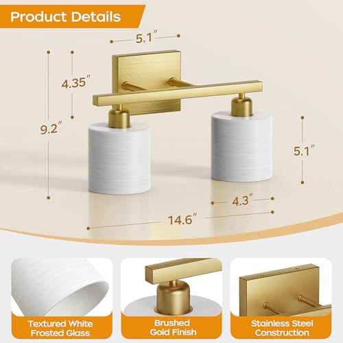 PARTPHONER Bathroom Light Fixtures, Bathroom Lighting Fixtures Over Mirror, Interior Classic Vanity Lights, Modern Vanity Light with Textured White Glass Shade, Brushed Gold, 2-Light by PARTPHONER - Image 3