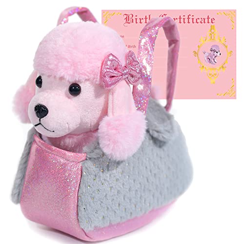 Plush Pet Set With Purse W/ Pink Poodle Stuffed Animal - Includes Stuffed Dog Poodle Plush Toy & Birth Certificate For Age 4 -5 - 6 - 7 Yrs - Dog Stuffed Animals - Puppy Stuffed Animal - Toy Dog #TOP10