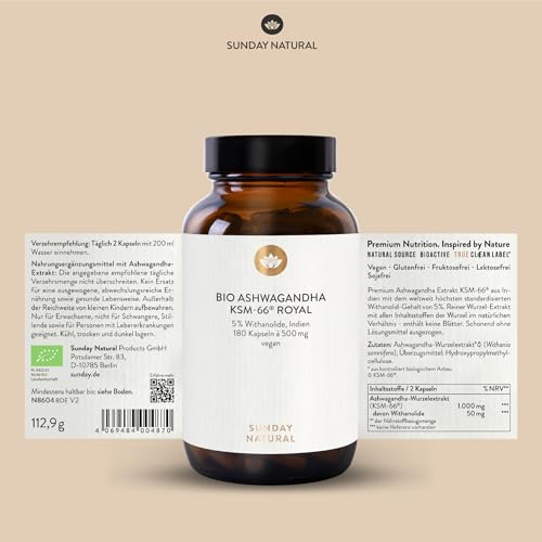 SUNDAY NATURAL® Bio Ashwagandha Kapseln - Premiumrohstoff KSM-66® – 180 Kapseln - 1.000mg Wurzelextrakt mit 50mg Withanoliden (5%) pro Tagesdosis – Ashwaganda aus Indien