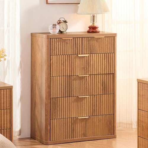 Image of LEYAOYAO Fluted 6 Drawers Dresser for Bedroom, 42 inch Tall Modern Chest of Drawers with Metal Handle, Curved Profile Design,Wood Drawer Organizer for Bedroom, Living Room, Hallway, Brown