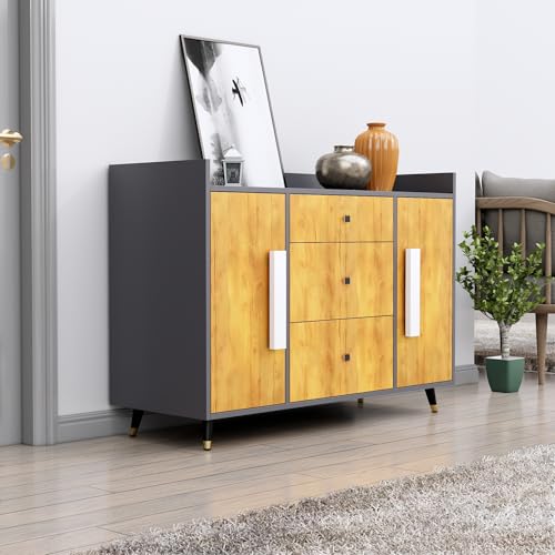 Image of Bniture Wooden Sideboard Cabinet for Living Room | Wooden Storage Cabinet with 2 Door & 3 Drawer | Engineered Wood Multipurpose Cabinet with Spacious Shelves for Home | Slate Grey & Giant Wood