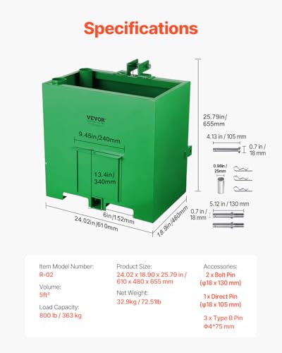 Image of VEVOR Ballast Box, Corrosion-Proof 3-Point Category 1 Tractor Ballast of 800lbs Load Capacity for 2 inch Hitch Receiver, Heavy-Duty Thickened Steel 5ft Volume, Loader Attachment with Sliding Door, Green