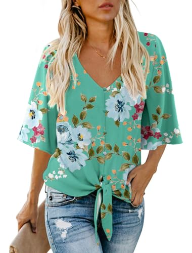 AWULIFFAN Womens Summer Floral Printed Chiffon V Neck Tops Batwing Short Sleeve Tie Knot T-Shirt Blouses (Mint Green,Medium)