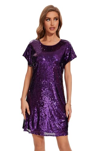 Image of Women's Crewneck Sequin Shift Dress Short Sleeve Casual Holiday Sparkly Party Dress