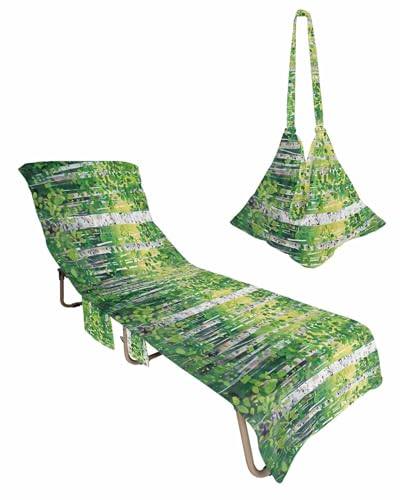 Green Forest Beach Chair Cover with Side Pockets, Microfiber & Quick Dry Pool Chaise Lounge Chair Towels Covers for Sun Sunbathing Patio Garden Hotel, Modern Abstract Tree Art Painting Leaves