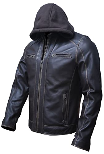 Artistry Mens Genuine Lambskin Leather Motorcycle Jacket with Removable Hood in Black Brown3