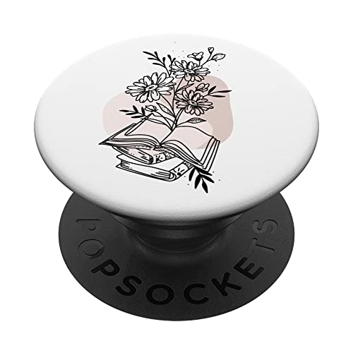 Floral Book & Bloom Bookish Lover Minimalist Line Art Floral PopSockets Adhesive PopGrip, Black