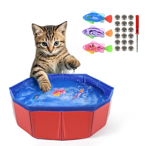 Cat Pool with Fish, LED Automatic Robi Fish Cat Pool Toy, 3 Self-Swimming Sensor Fish with Flashing Lights, Leak-Proof Kitten Water Play Mat for Indoor Cats, Fun Bath & Exercise Toy, 12” Pool
