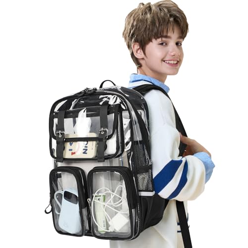 Clear Backpack for School - 17" Transparent Backpacks With Water-Resistant PVC Plastic Material and Ruggedly Reinforced Shoulder Straps, School Bag for Teen Boys Girls Black3
