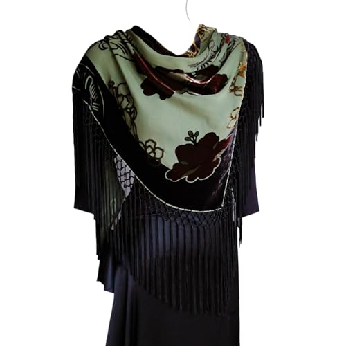Silk Base Burn-out Velvet Triangle Scarf, with 8" Tassel on two sides, Flora pattern, Green and BrownColor4