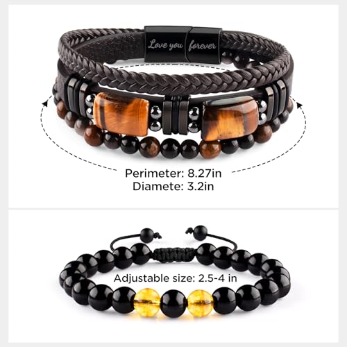 Leather Bracelets for Men Natural Tiger Eye Black Obsidian Healing Crystal Beaded Bracelets Set Birthday Christmas Anniversary Gifts for Dad Son Grandson Man Boyfriend Brother2