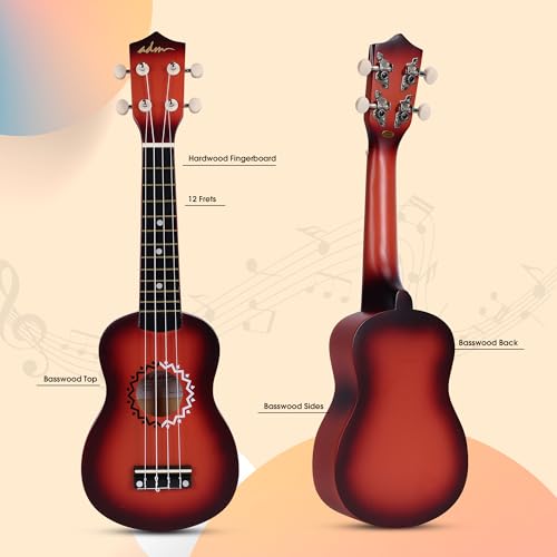 Image of ADM Ukulele for Beginners Hawaiian Wood Ukelele Kit for Kids Adult Student Starter Professional Ukalelee Pack Bundle with Free Lessons Gig Bag Strap Nylon String Tuner (Brownbrust, 21 Inch)