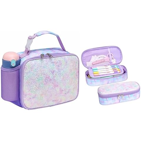 Bagseri Girls Lunch Bag and Girls Pencil Case Bundle, Glitter Purple Tie-dye Cover