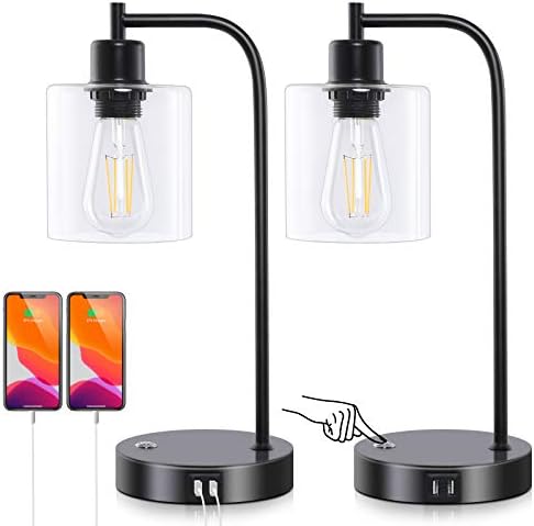 Ganiude Industrial 3-Way Dimmable Table Lamps Set of 2,Vintage Touch Control Desk Lamps with 2 USB Ports,Bedside Nightstand Lamps with Glass Shade for Reading,Living Room, 2700K Bulbs Included