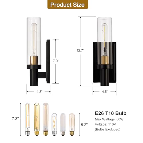 Image of 1-Light Wall Sconces Set of 2, Modern Bathroom Sconces Wall Lighting with Clear Glass, Black & Brushed Brass Wall Mount Lights for Living Room Corridor Mirror Bedroom Stairway, E26 Base