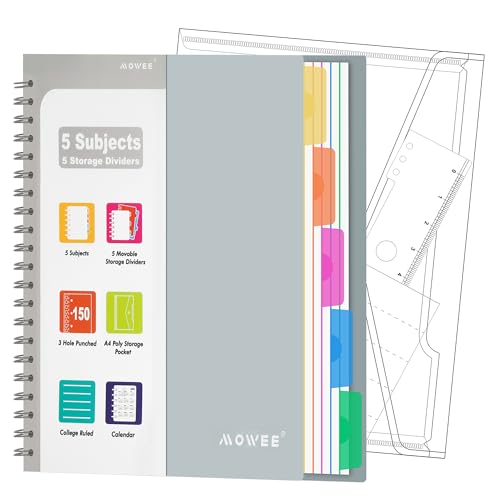 Image of 5-Subject Spiral Notebook, College Ruled, with Pocket & Tab Dividers | 300 Pages, 11 inch Ruler, 8.5 inchx11 inch Lily White, Pocket Dividers with Labels, for Writing Journal, Home, Office & School Supplies