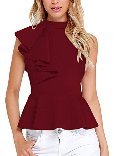Dearlovers Women Ruffle Side Casual Peplum Top Shirt Large Wine