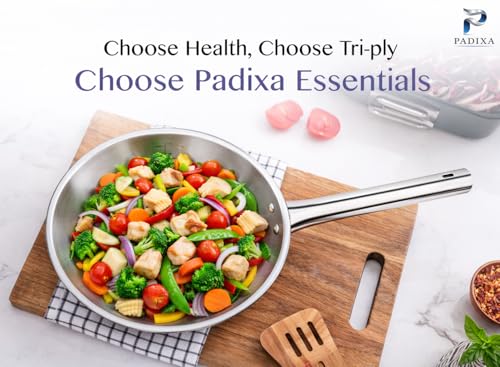 Image of Tri-Ply Stainless Steel Frying Pan with Lid 24cm | Triply Construction with Aluminium Core, Heavy Duty Skillet with Glass Lid, Riveted Handle, Induction Compatible (1.7 LTR)