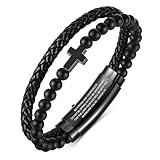 VNOX Mens Bracelet for Men - Double-Row Black Braided Leather Bracelets for Men,Stainless Steel Cross Bible Verse Jewelry with Black Onyx Beads Bracelets Religious Gifts for Christian,4