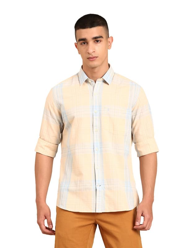 Image of Cavallo by Linen Club Men's Blended Linen Checked Contemporary Fit Full Sleeve Casual Shirt