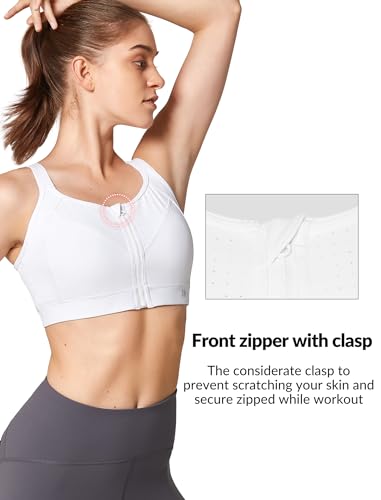 Yvette Adjustable Sports Bras for Women High Impact - Zip Front Sports Bra Plus Size Wireless for Running Workout,White,Small