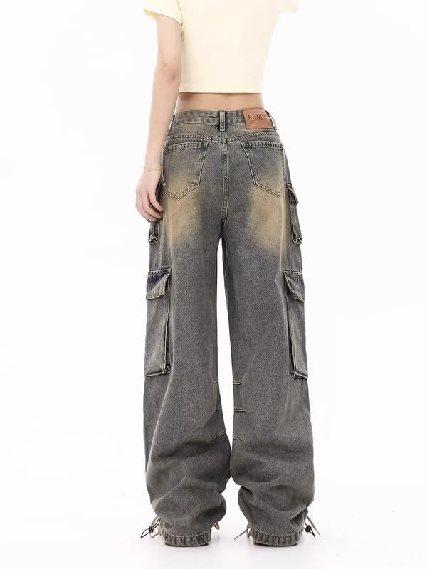 POHADON Cargo Jeans for Women Straight Wide Leg Baggy Denim Pants Flap Pocket Relaxed Fit Streetwear Y2K Grunge Clothes4