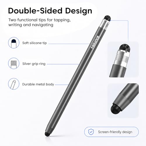 Image of Sounce 2-in-1 Stylus Pen for All Touch Screen Devices - Fine Point Tip, High Sensitivity Capacitive Pen | Compatible with iOS, Android, Windows Tablets, iPad & Smartphones - Aluminum, (Grey)