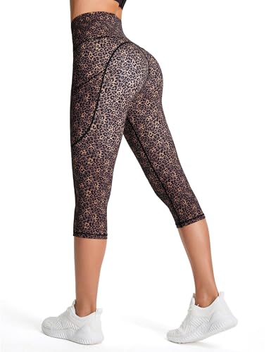 Image of THE GYM PEOPLE Thick High Waist Capris Yoga Pants with Pockets, Tummy Control Workout Running Yoga Leggings for Women