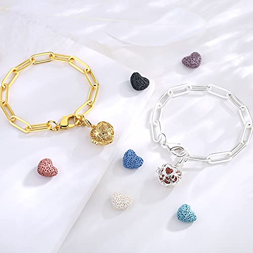 Infuseu Paper Clip Chain Bracelets For Women Teen Girls Silver Plated Essential Oil Diffuser Aromatherapy Jewelry Set For Healing Spiritual Fidget Anxiety With 7 Heart Lava Rock Natural Stone #TOP7