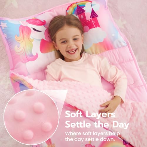 Image of JOIEDOMI Toddler Nap Mat with Removable Pillow and Minky Blanket 55''x30'' Kids Sleeping Bag for Boys and Girls Ages 3-6 Roll Up Soft Nap Mats for Preschool Kindergarten Daycare Sleepover
