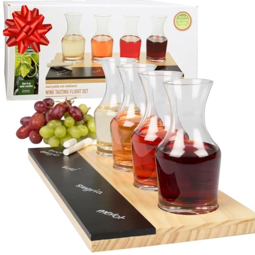 Deco Wine Tasting Flight Sampler Board - Set Includes Four 6 oz Decanter Glasses & Wood Paddle Chalkboard - Great for Charcuterie Boards, Wine Taste Testing, Date Nights - Holiday Xmas Gift Must Have