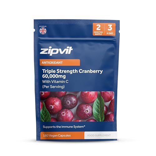 Zipvit Triple Strength Cranberry 60 000mg High Strength Cranberry Extract with Vitamin C 180 Vegan Capsules for Immune Support 2 Month Supply Supplement for Men & Women