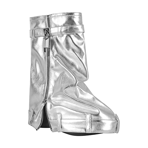 Onlymaker Women's Mid Calf Fold Over Boots Side Zipper Pull Up Wedge Heel Platform Motorcycle Boots Silver Size 8 #TOP1