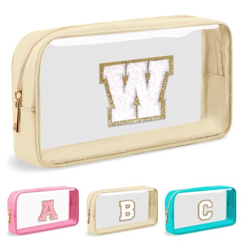 UIXIZQ Personalized Initial Letter Clear Makeup Bag,Preppy Small Nylon&PVC Cosmetic Zipper Bag with Chenille Letter,Travel Skincare Toiletry Bag,Monogram Pencil Case Pouch Gift for Teen Girls Women,W