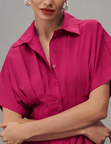 Image of Yeokou Shirt Dress for Women Summer Casual Short Sleeve Button Down Loose Pleated Maxi Sundress with Pockets