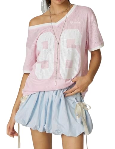 Aelfric Eden Womens Jersey Tshirts Letter Printed Tees V Neck Mesh Short Sleeve Y2k Summer Casual Tops Clothes