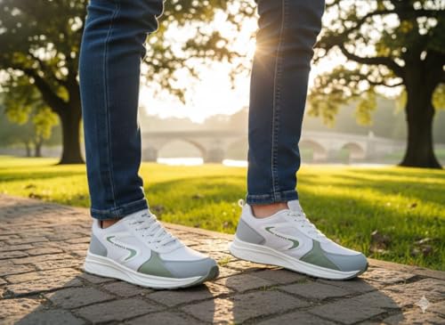 Image of Men's High Top Sports Shoes, White and Grey, Mesh and Synthetic, Lace-Up Running Trainers with EVA Cushioning, Water Resistant, All Weather Grip