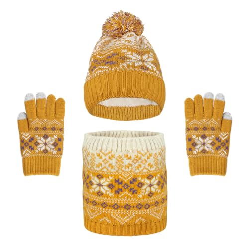 3 Pcs Kids Pompom Hat Gloves Scarf Set Warm Knit Fleece Lined Beanie Hat Soft Neck Warmer Gaiter Mittens for Girls Boys