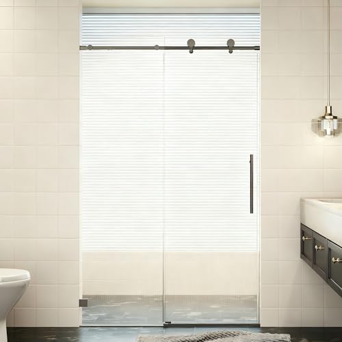 Image of 46-48 inch W x 76 inch H Frameless Sliding Shower Door, Bathroom Soft-Close Shower Glass Doors with 5 /16 inch (8mm) SGCC Tempered Glass and Stainless Steel Hardware, Reversible Installation, Matte Black