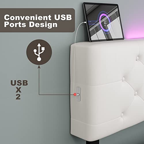 Ikifly Modern Full Size Led Bed Frame With 2 Usb Ports, Upholstered Button Tufted Faux Leather Platform Bed With Adjustable Headboard, Solid Wood Slats, No Box Spring Needed - White/Full #TOP1