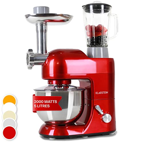 Klarstein Lucia - Stand Mixer, Food Processor and Blender, Meat Grinder, 1300 W, 5 liters, Planetary Mixing System, Mixing Cup, 6-Speed, Various Attachements, Stainless Steel Bowl, Red