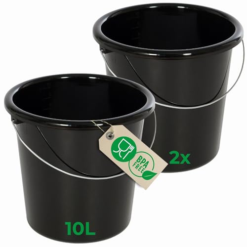 Novaliv Lot de 2 seaux de 10 l noir avec graduation dimensionnelle - Seau de nettoyage de 10 litres ? 28,5 cm - Pratique et polyvalent avec graduation pour la maison et le jardin - Idéal comme seau à